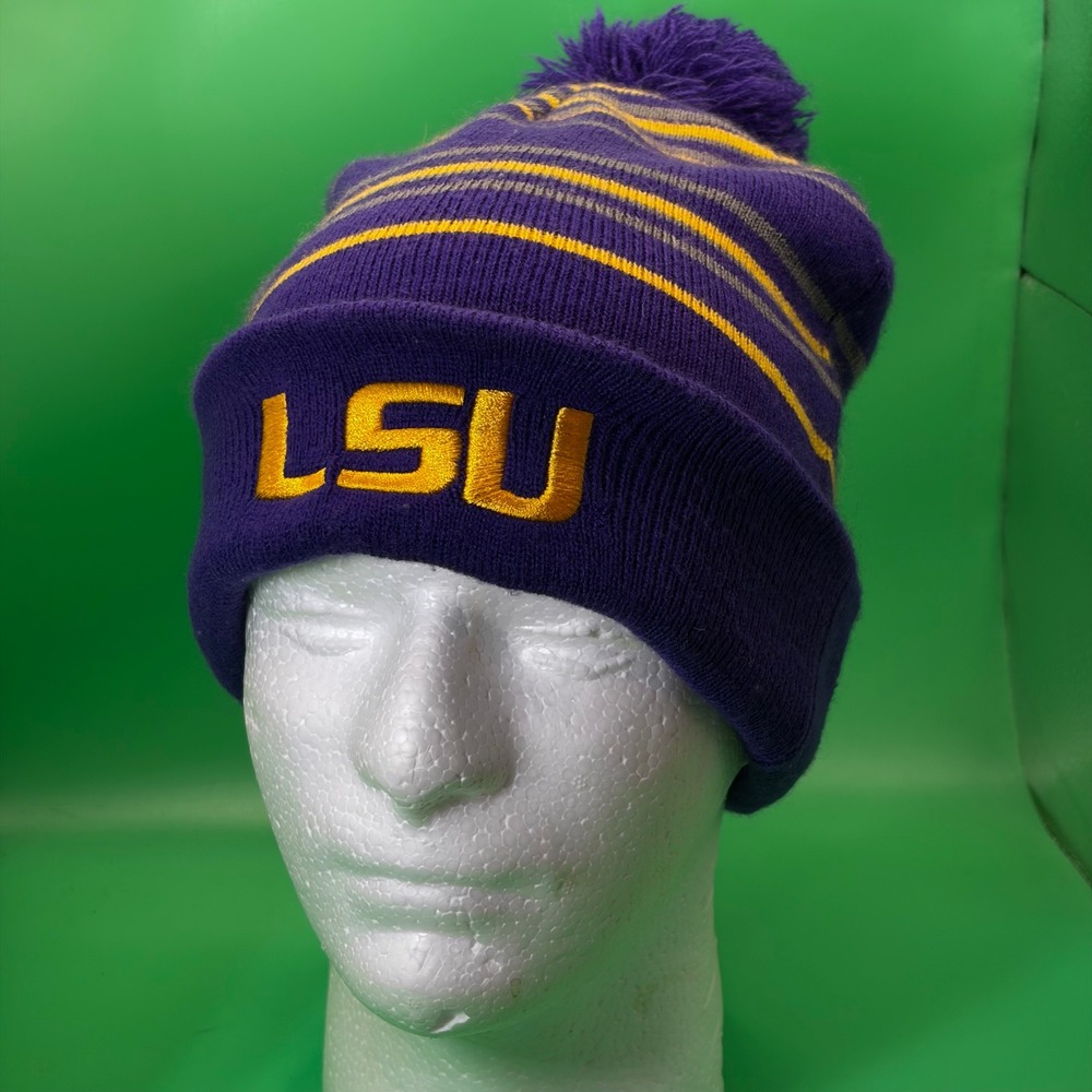 LSU Tigers Pom Knit Beanie OSFM Purple/Gold Striped NCAA Winter Toboggan Hat EUC